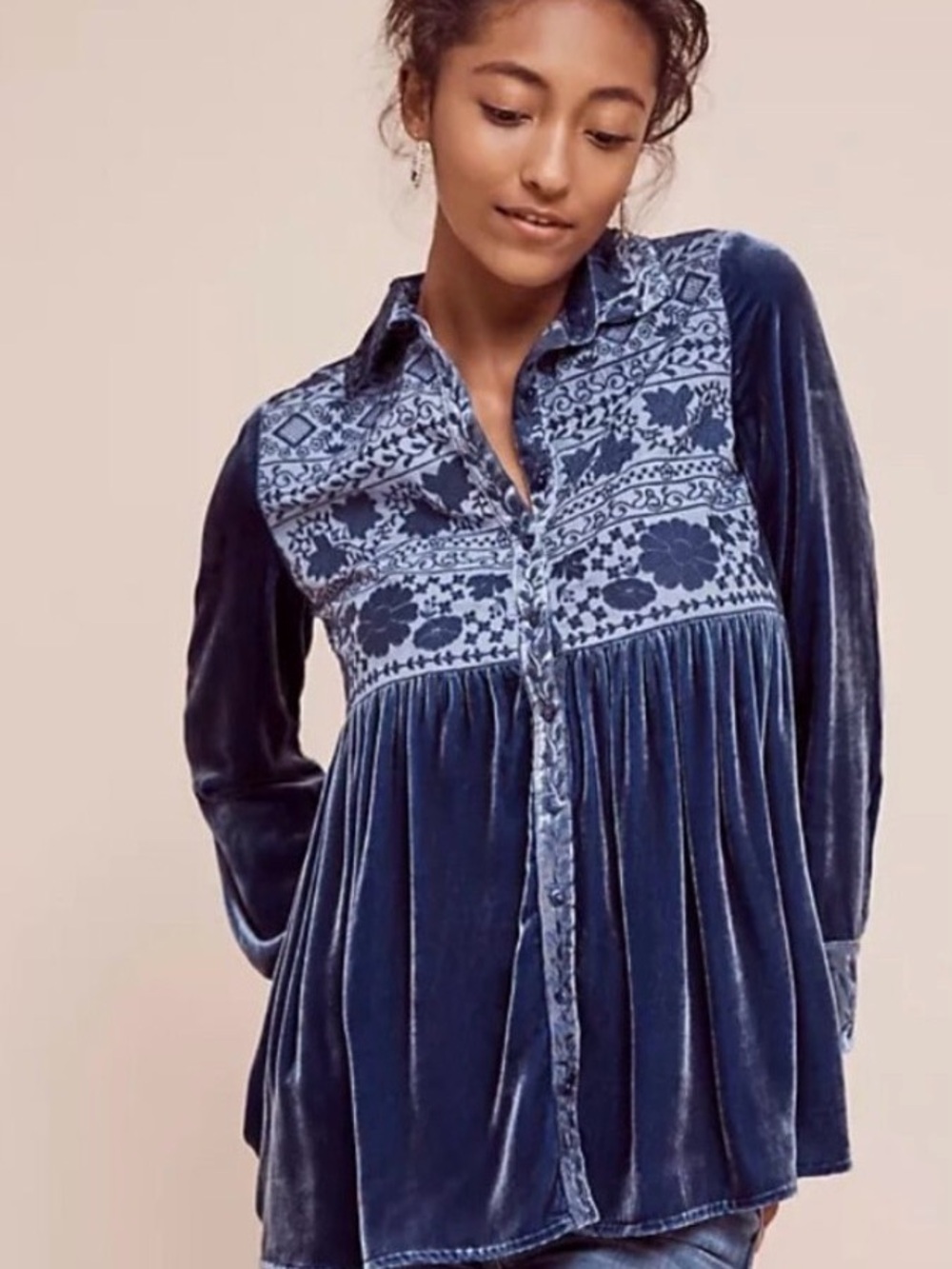 Soft Surroundings Blue Velvet Floral Yoke Tunic Dress